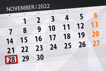 Calendar 2022, deadline, day, month, page, organizer, date, november, monday, number 28