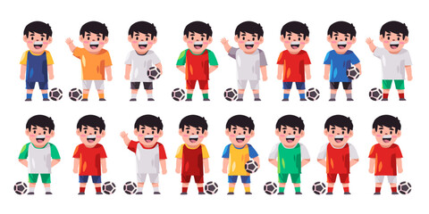 Football player set collection of soccer costume team uniform from many country with colorful jersey