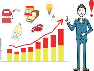 物価高騰を説明するビジネスマン、ビジネスウーマン