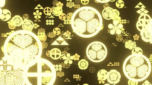 金色に光る色々な戦国大名の旗印
