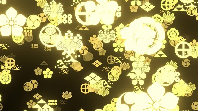 金色に光る色々な戦国大名の旗印
