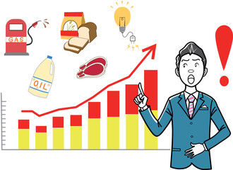 物価高騰を説明するビジネスマン、ビジネスウーマン