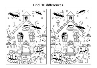 Halloween haunted house difference game. Black and white, printable. May be used as coloring page.
