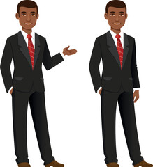 young African American man in elegant black business suit. Successful businessman, smiling and gesturing