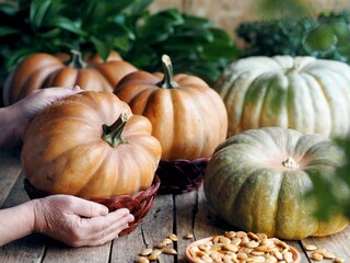 Autumn pumpkin background on a wooden ancient table. An elderly woman is hands are lovingly holding a pumpkin fruit in the foreground.