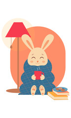 A cute rabbit is wrapped in a checkered blanket, warming up and holding a cup with a hot drink in his hands. Home furnishings.  2023 new year of the rabbit. Autumn vector illustrat
