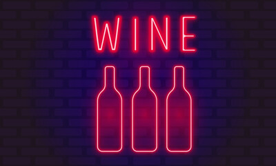 Neon trendy geometric drinks wine bottle bar sign. Red glowing memphis wine bar with handwritten bottle drinks words. Square line art 1980s style neon illustration on brick wall background