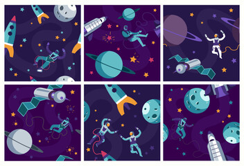 Decorative pattern set with astronaut exploration