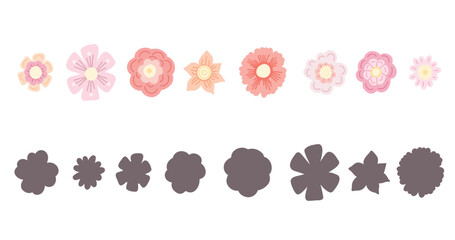 Find the correct shadow. Vector children educational game. Find right black silhouette for flowers. Cartoon naive flower in pastel colors.