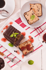 Sponge cake with chocolate frosting.