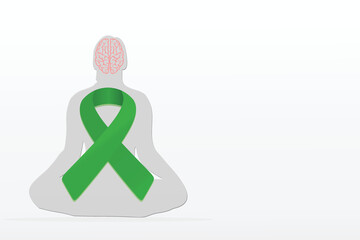 Mental health awareness month. Mental health day concept banner design with green ribbon  and brain icon and human figure with white and gray gradient background.