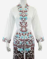 Women's kebaya with long sleeves and beautiful brocade decoration from neck to front. Oriental and Javanese style clothing, looks elegant when used in formal events.