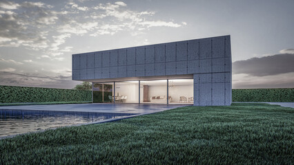 Fototapeta na wymiar Architectural 3d rendering illustration of modern minimal house with swimming pool