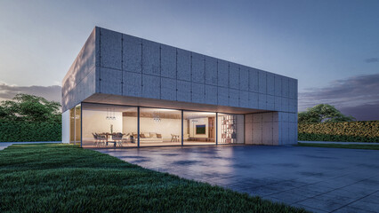 Fototapeta na wymiar Architectural 3D rendering illustration of modern minimal house with natural landscape