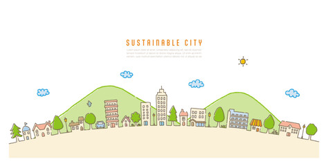 sustainable city image. hand drawn cityscape and nature