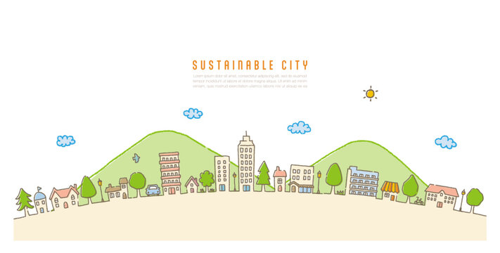 sustainable city image. hand drawn cityscape and nature