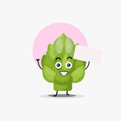 cute artichoke vegetable character smiling with blank paper