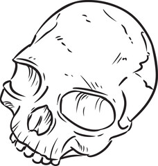 Human skull doodle. Outline comic style image. Halloween spooky hand drawn element isolated on white background. Vector graphic illustration for stickers, labels, prints, laser cut files, stationery