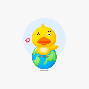 Cute duck character on earth icon illustration