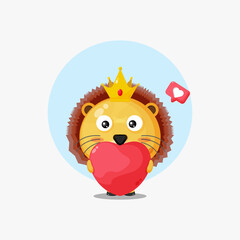 Cute lion hug love heart cartoon icon illustration
