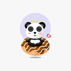 Cute panda doing yoga with donut illustration icon