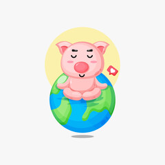 Obraz na płótnie Canvas Cute pig meditating on earth illustration