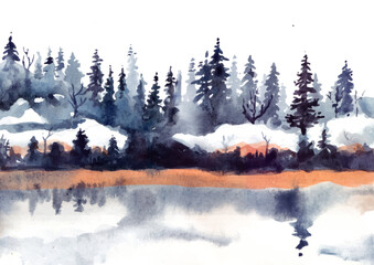 Weerspiegeling van winterlandschap met pijnbomen en sneeuw aquarel