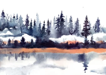 Wall murals Forest in fog Reflection of winter landscape with pine trees and snow watercolor
