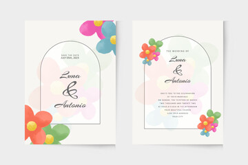 Simple wedding invitation template with colorful floral watercolor ornament