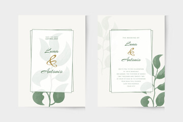 Simple wedding invitation template with green plant watercolor ornament
