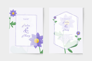 Simple wedding invitation template with purple flower watercolor ornament