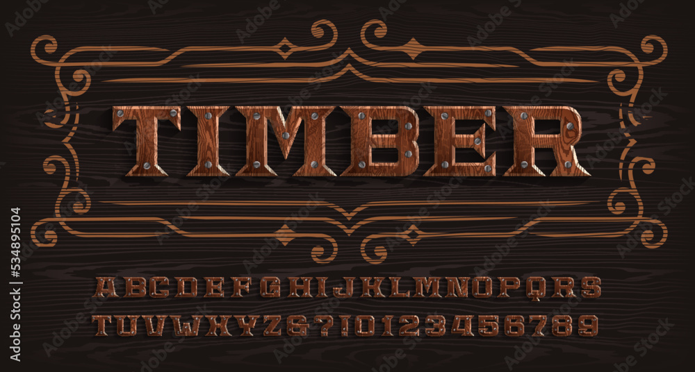 Poster timber alphabet font. wooden letters and numbers with nails. stock vector typescript for your design