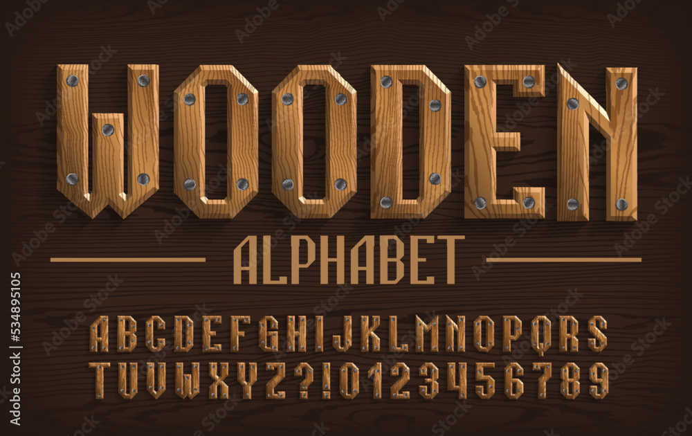 Fototapete wooden alphabet font. beveled letters and numbers. stock vector typescript for your design.