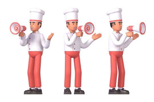 3d render of cheerful cook in white uniform speaking in megaphone