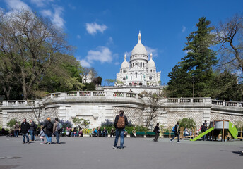View of The Basilica of Sacr&eacute; Coeur de Montmartre (Sacred Heart of Montmartre), a Roman Catholic church and minor basilica dedicated to the Sacred Heart of Jesus in Paris, France