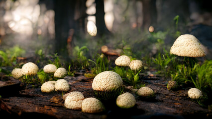 3D Rendering. Ultra detailed 3D mushrooms in the jungle with dreamy background illustration