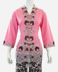 Women's pink kebaya with a plain motif combined with brocade decorations gives a graceful...