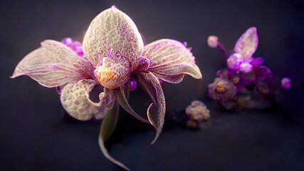 Beautiful close-up fantasy orchid flower with purple color. 3D illustration