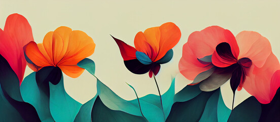 3D rendering. Panoramic floral background with pastel color on white background