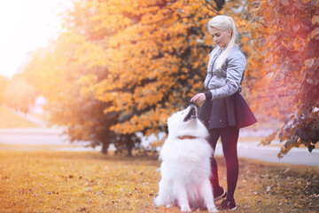 Lovely girl on a walk with a beautiful dog