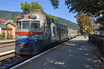 Diesel train at the station in the Ukrainian Carpathians