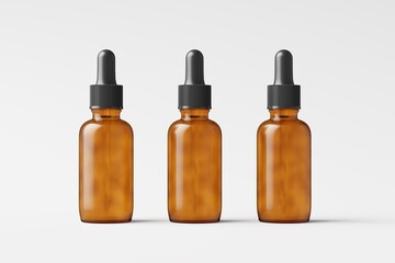 Amber Glass Dropper Bottle 3D Rendering White Blank Mockup