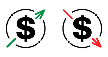 Set of cost symbol dollar increase and decrease icon. Money vector symbol isolated on background