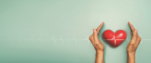 Medical red heart with cardiogram chart line in hand background, medical heart health care concept...