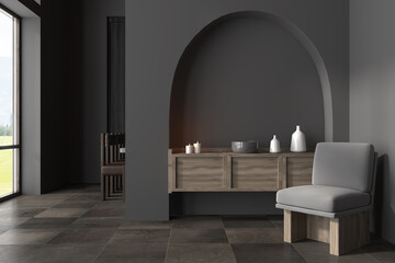 Grey chill room interior with armchair and eating table. Mockup wall