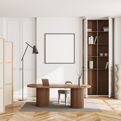 Stylish office room interior with wooden desk and shelf. Mockup frame