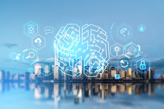 Brooklyn district of New York city view with digital interface