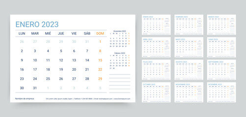2023 Spanish calendar. Planner template. Calender layout with 12 month. Week starts Monday. Yearly stationery organizer. Table schedule grid. Horizontal monthly desk diary. Vector simple illustration