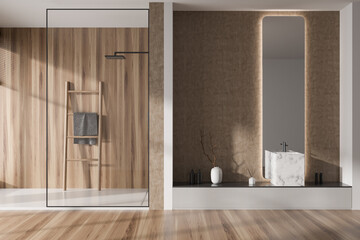 Beige bathroom interior with sink and douche with towel rail ladder