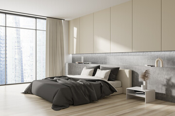 Corner view on bright bedroom interior with bed, panoramic window